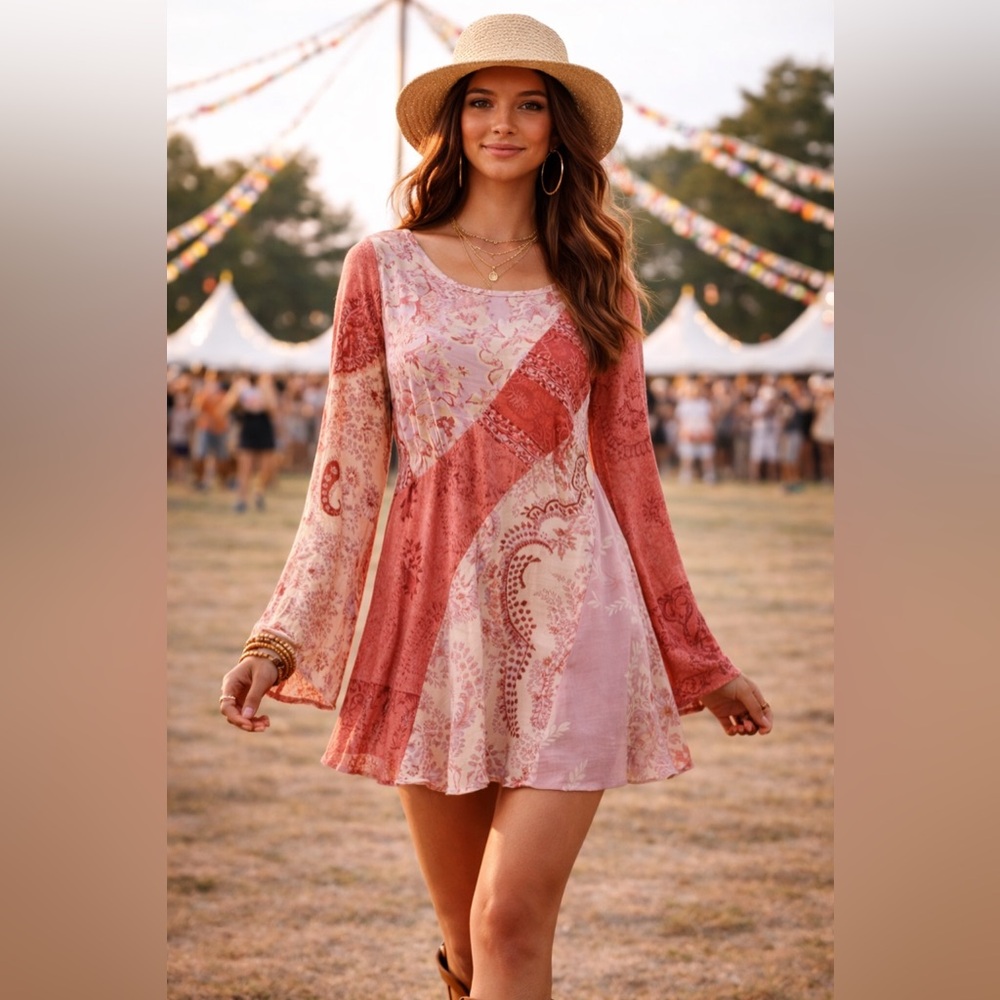 Free People Patchwork Boho Mini Dress Pink Red Flowy Long Sleeve Festival